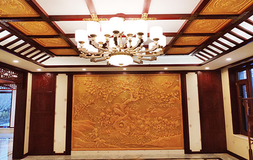 蚌山中式别墅客厅中式木作横梁吊顶装饰展示